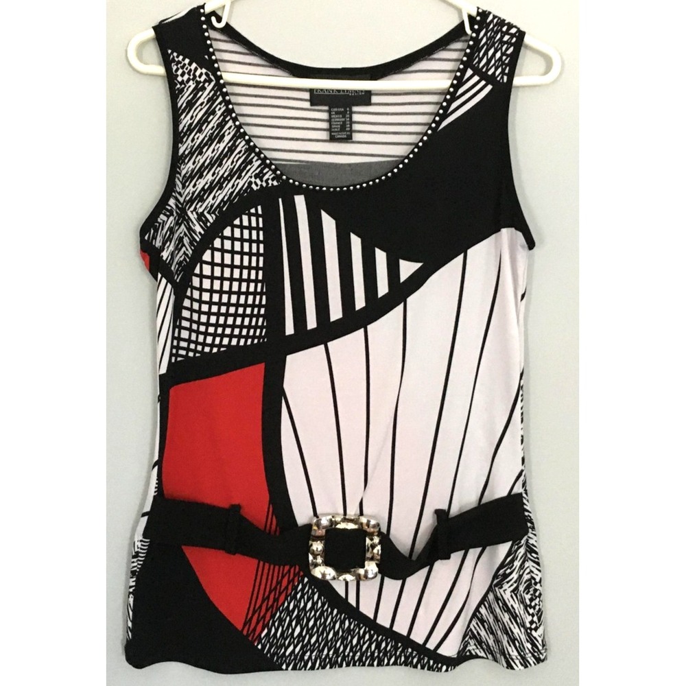 Frank Lyman Shirt Womens 6 Black White Red Geometric Sleeveless Belted Tunic‎